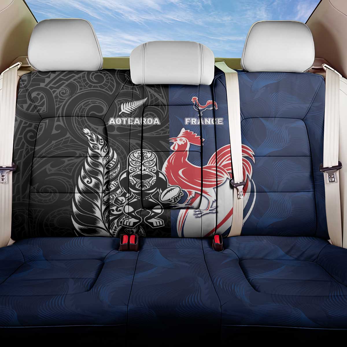 France And New Zealand Rugby Back Car Seat Cover Les Bleus Rooster With Maori Tiki - Polynesian Pride