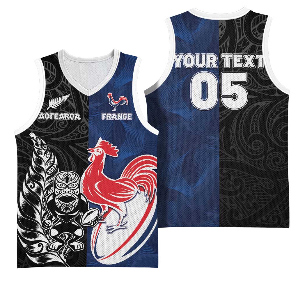 France And New Zealand Rugby Custom Basketball Jersey Les Bleus Rooster With Maori Tiki - Polynesian Pride