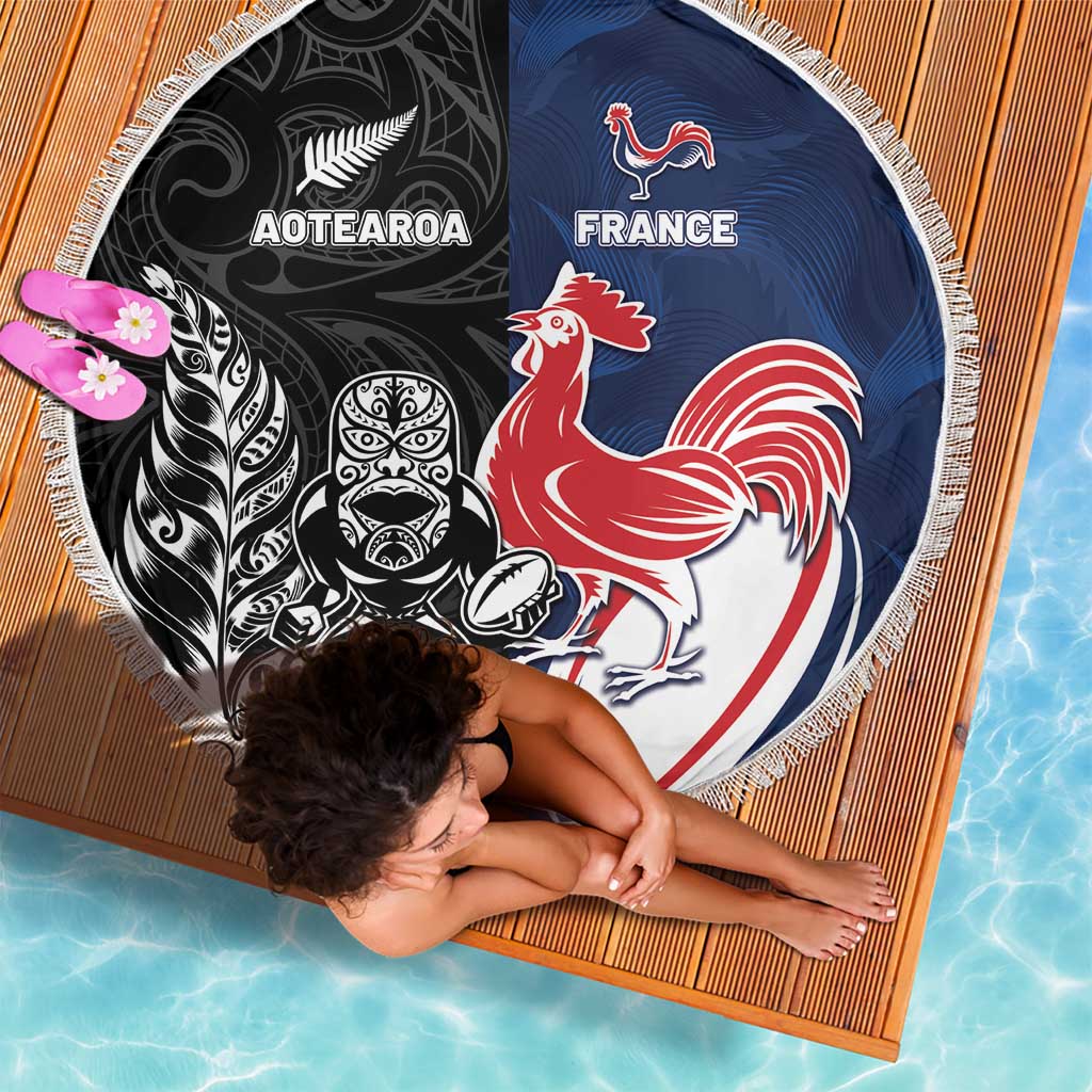 France And New Zealand Rugby Beach Blanket Les Bleus Rooster With Maori Tiki - Polynesian Pride