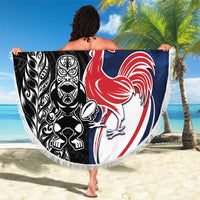 France And New Zealand Rugby Beach Blanket Les Bleus Rooster With Maori Tiki - Polynesian Pride