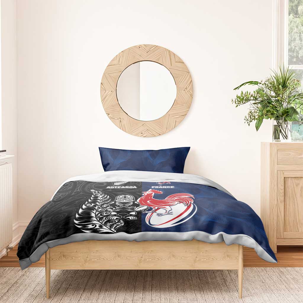 France And New Zealand Rugby Bedding Set Les Bleus Rooster With Maori Tiki - Polynesian Pride