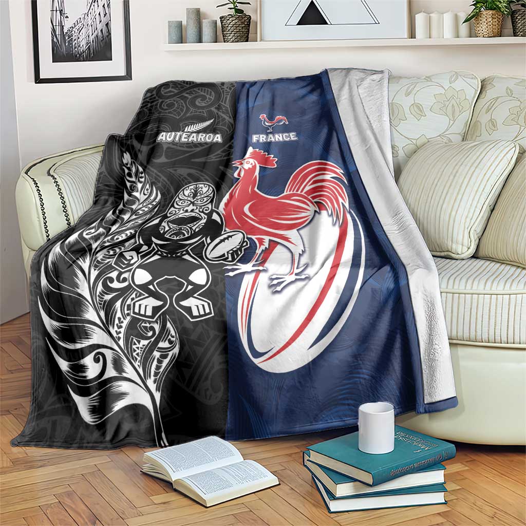 France And New Zealand Rugby Blanket Les Bleus Rooster With Maori Tiki - Polynesian Pride