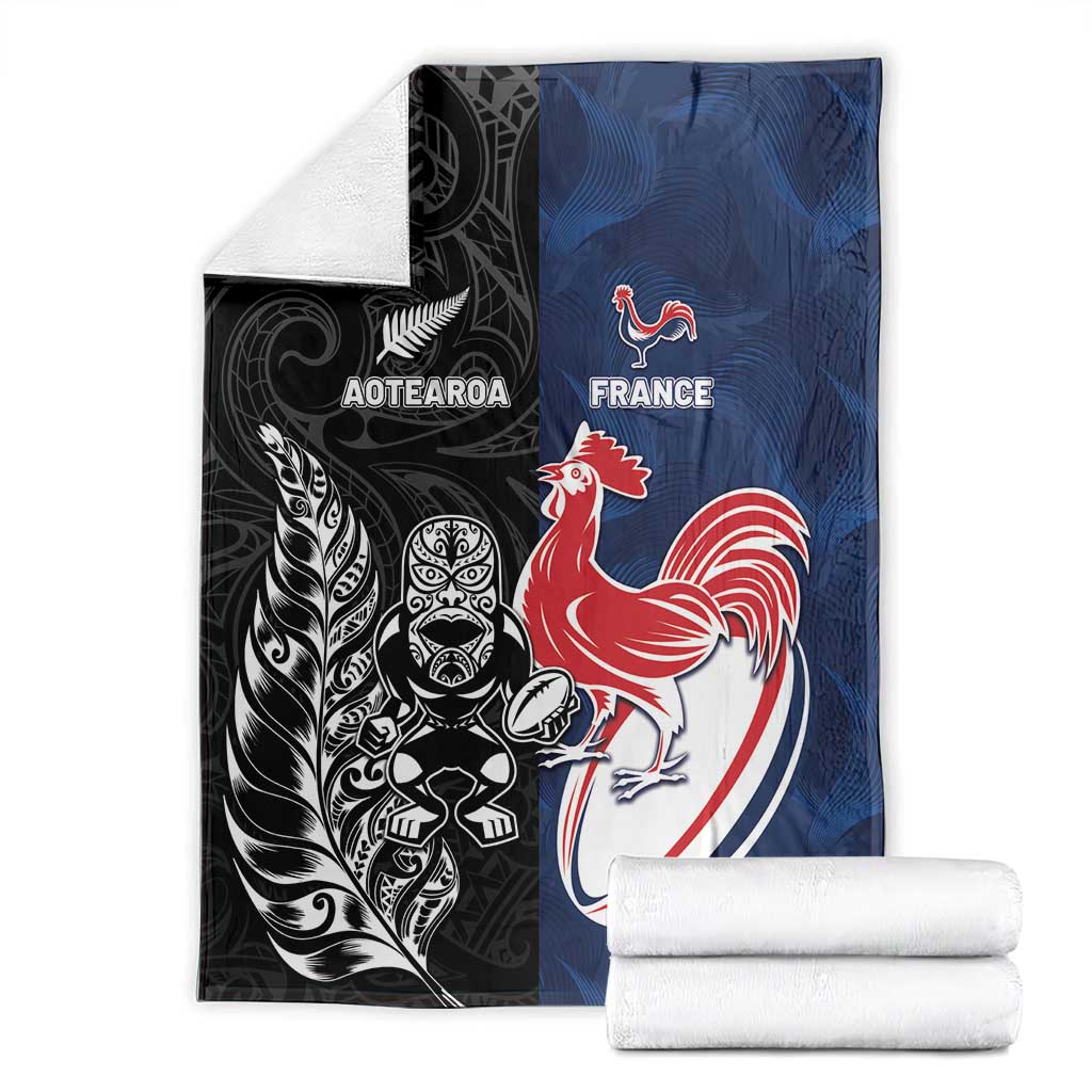 France And New Zealand Rugby Blanket Les Bleus Rooster With Maori Tiki - Polynesian Pride