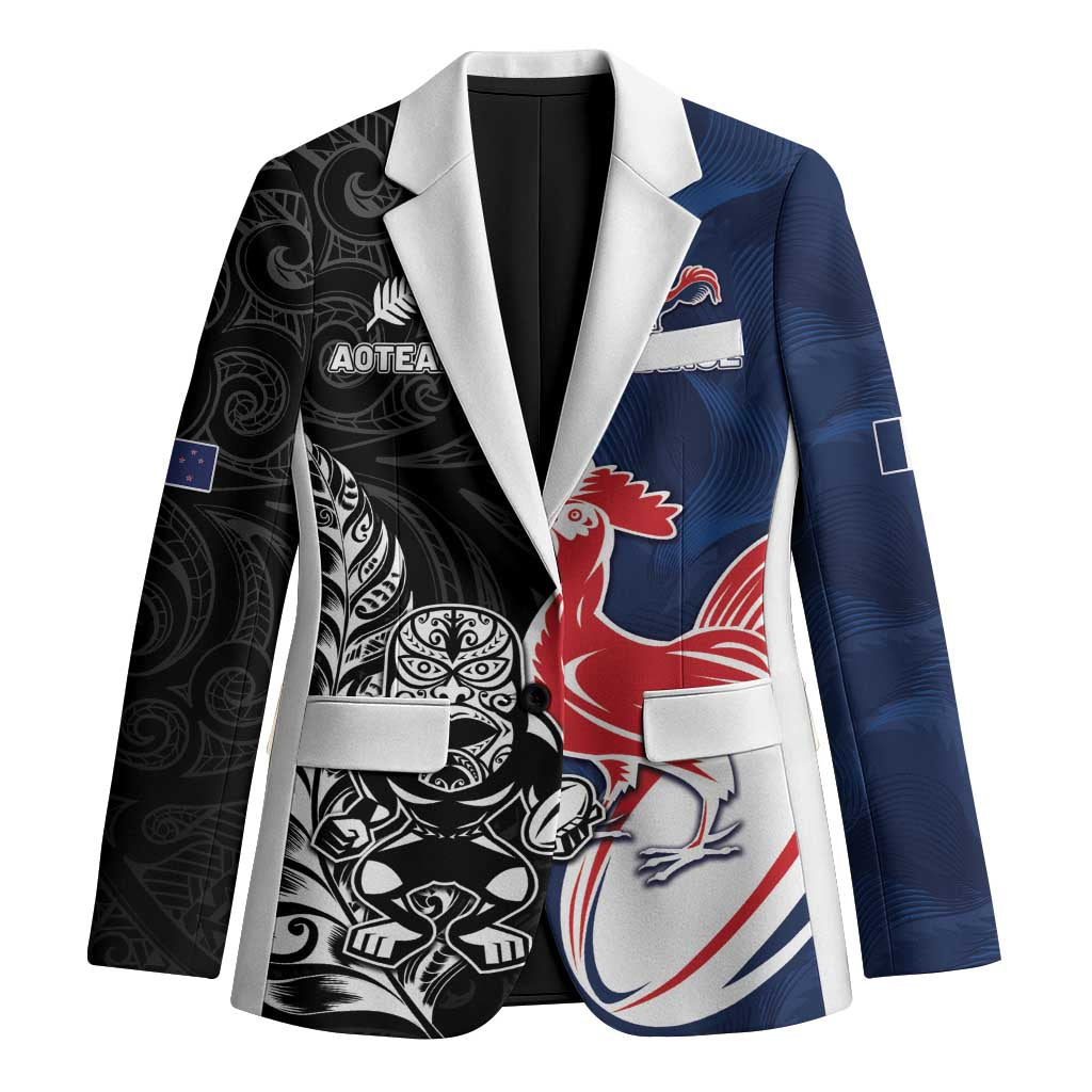 France And New Zealand Rugby Custom Blazer Les Bleus Rooster With Maori Tiki - Polynesian Pride