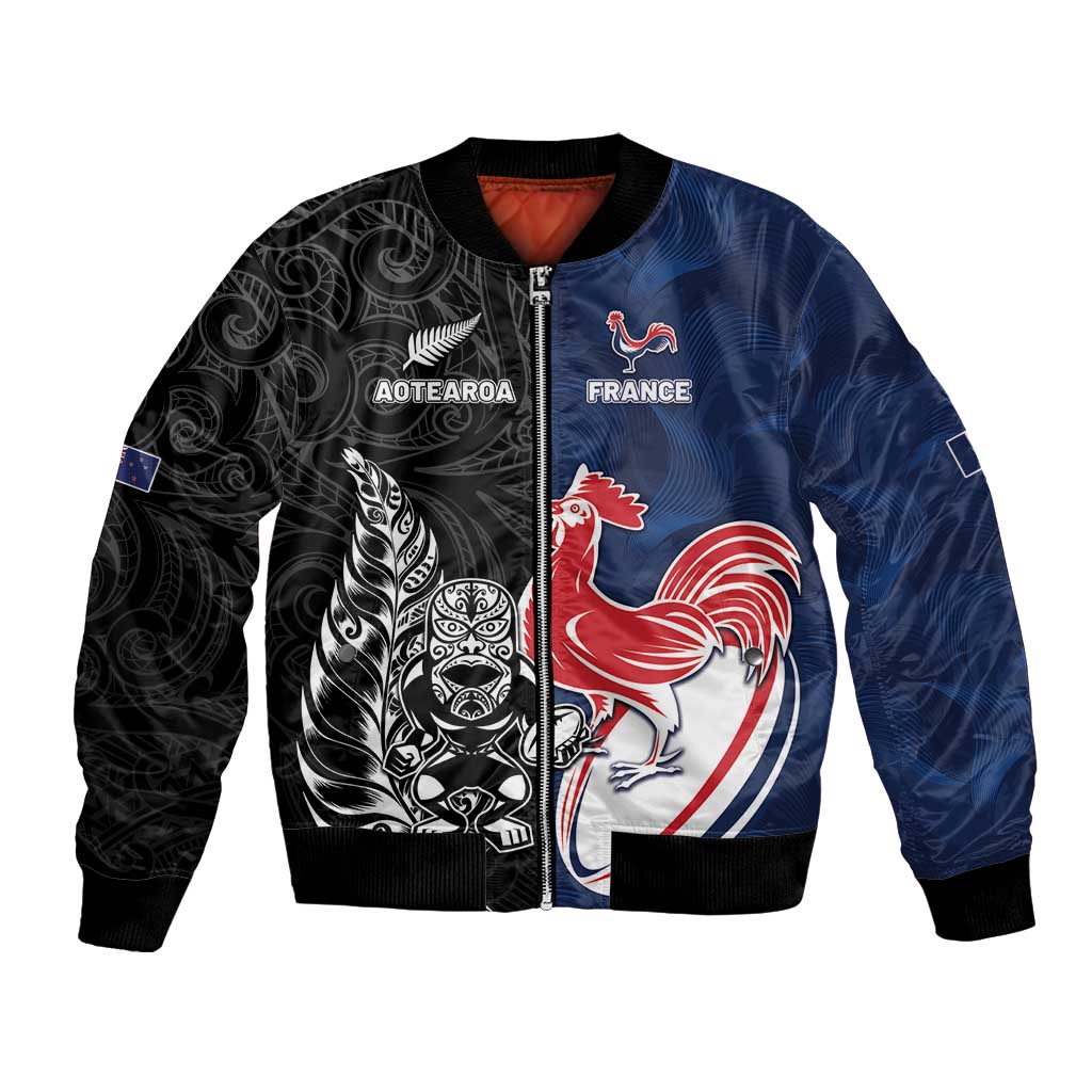 France And New Zealand Rugby Custom Bomber Jacket Les Bleus Rooster With Maori Tiki - Polynesian Pride
