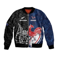 France And New Zealand Rugby Custom Bomber Jacket Les Bleus Rooster With Maori Tiki - Polynesian Pride