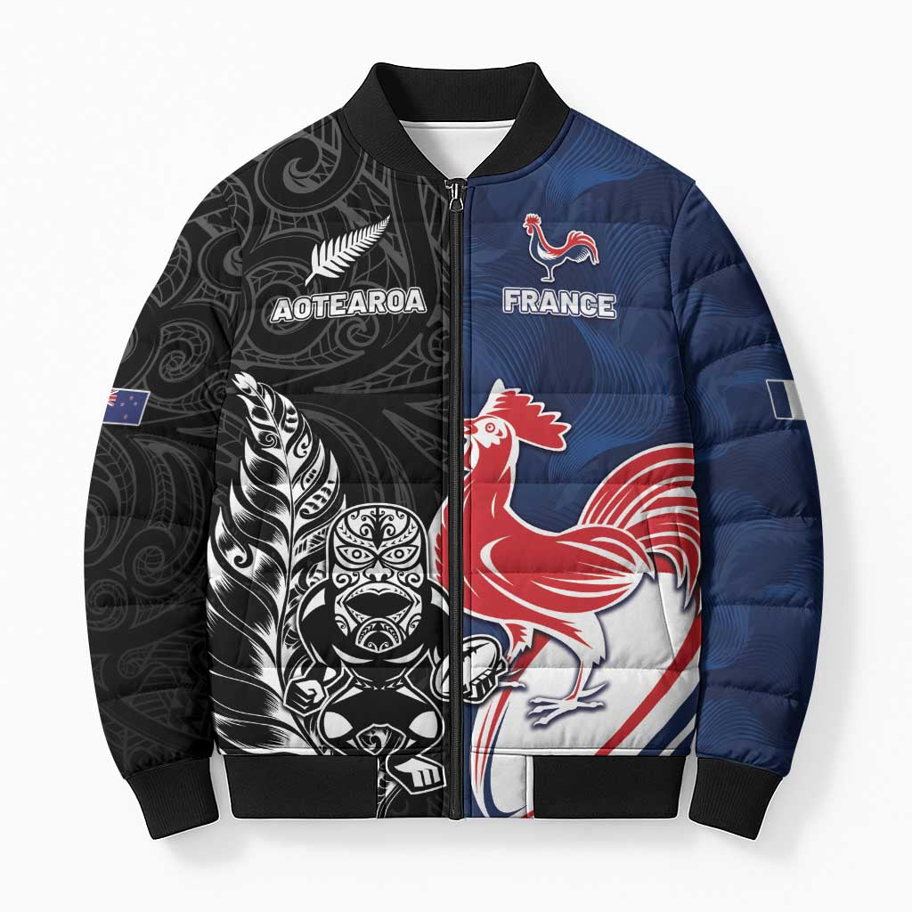 France And New Zealand Rugby Custom Bomber Puffer Jacket Les Bleus Rooster With Maori Tiki - Polynesian Pride
