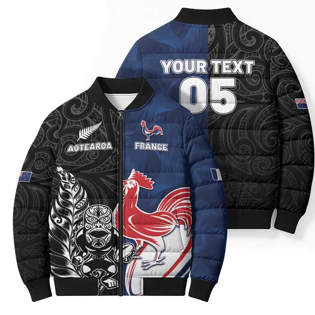 France And New Zealand Rugby Custom Bomber Puffer Jacket Les Bleus Rooster With Maori Tiki - Polynesian Pride
