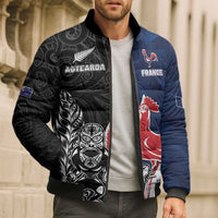 France And New Zealand Rugby Custom Bomber Puffer Jacket Les Bleus Rooster With Maori Tiki - Polynesian Pride