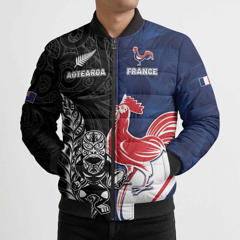 France And New Zealand Rugby Custom Bomber Puffer Jacket Les Bleus Rooster With Maori Tiki - Polynesian Pride