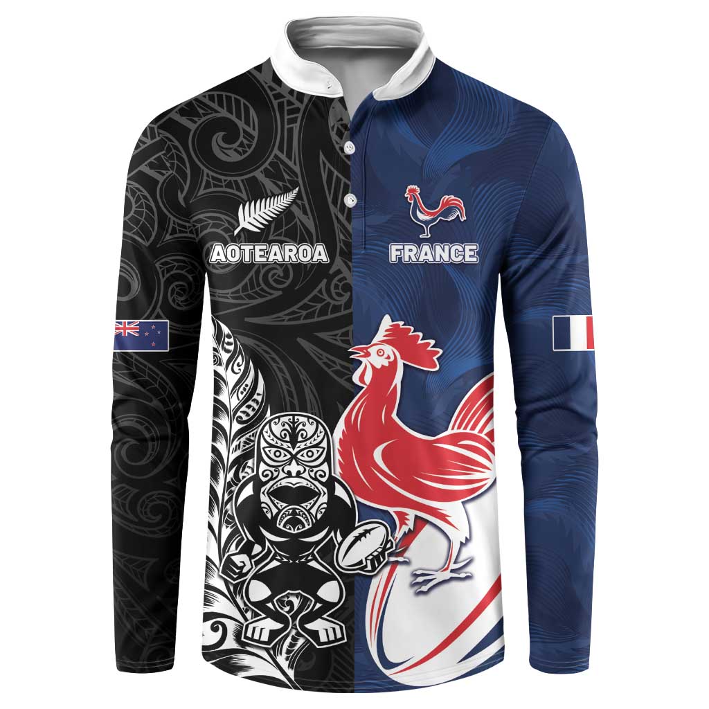 France And New Zealand Rugby Custom Button Sweatshirt Les Bleus Rooster With Maori Tiki - Polynesian Pride