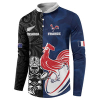 France And New Zealand Rugby Custom Button Sweatshirt Les Bleus Rooster With Maori Tiki - Polynesian Pride