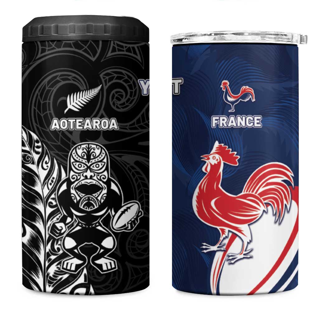France And New Zealand Rugby Custom 4 in 1 Can Cooler Tumbler Les Bleus Rooster With Maori Tiki - Polynesian Pride