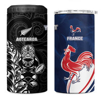 France And New Zealand Rugby Custom 4 in 1 Can Cooler Tumbler Les Bleus Rooster With Maori Tiki - Polynesian Pride