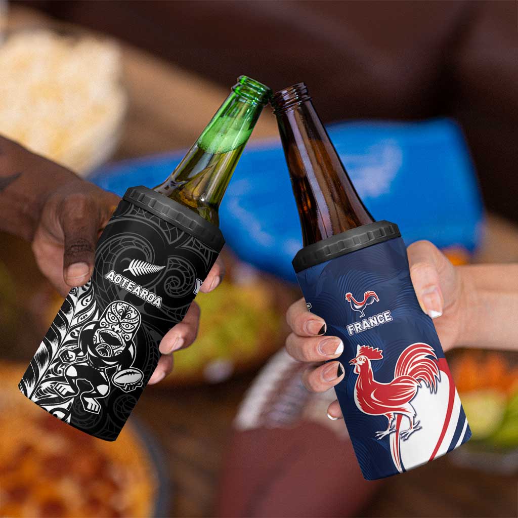France And New Zealand Rugby Custom 4 in 1 Can Cooler Tumbler Les Bleus Rooster With Maori Tiki - Polynesian Pride