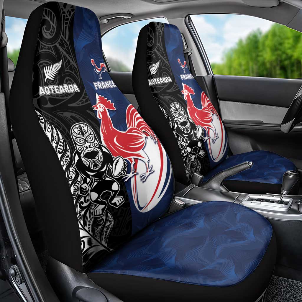 France And New Zealand Rugby Car Seat Cover Les Bleus Rooster With Maori Tiki - Polynesian Pride