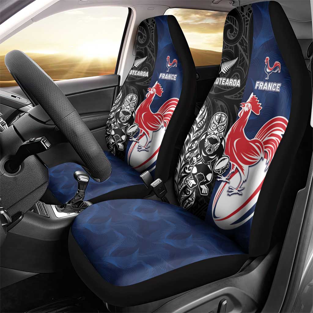 France And New Zealand Rugby Car Seat Cover Les Bleus Rooster With Maori Tiki - Polynesian Pride