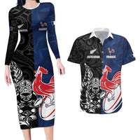France And New Zealand Rugby Custom Couples Matching Long Sleeve Bodycon Dress and Hawaiian Shirt Les Bleus Rooster With Maori Tiki - Polynesian Pride