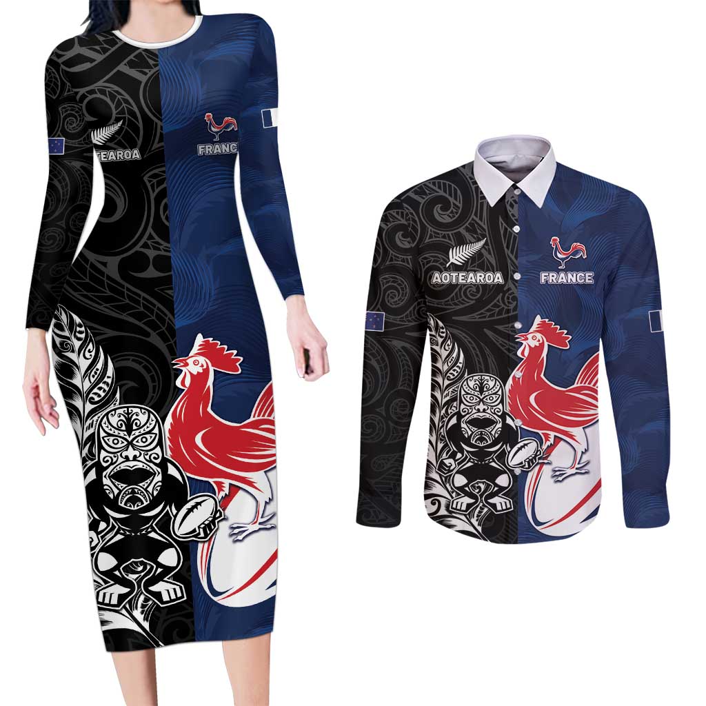 France And New Zealand Rugby Custom Couples Matching Long Sleeve Bodycon Dress and Long Sleeve Button Shirt Les Bleus Rooster With Maori Tiki - Polynesian Pride