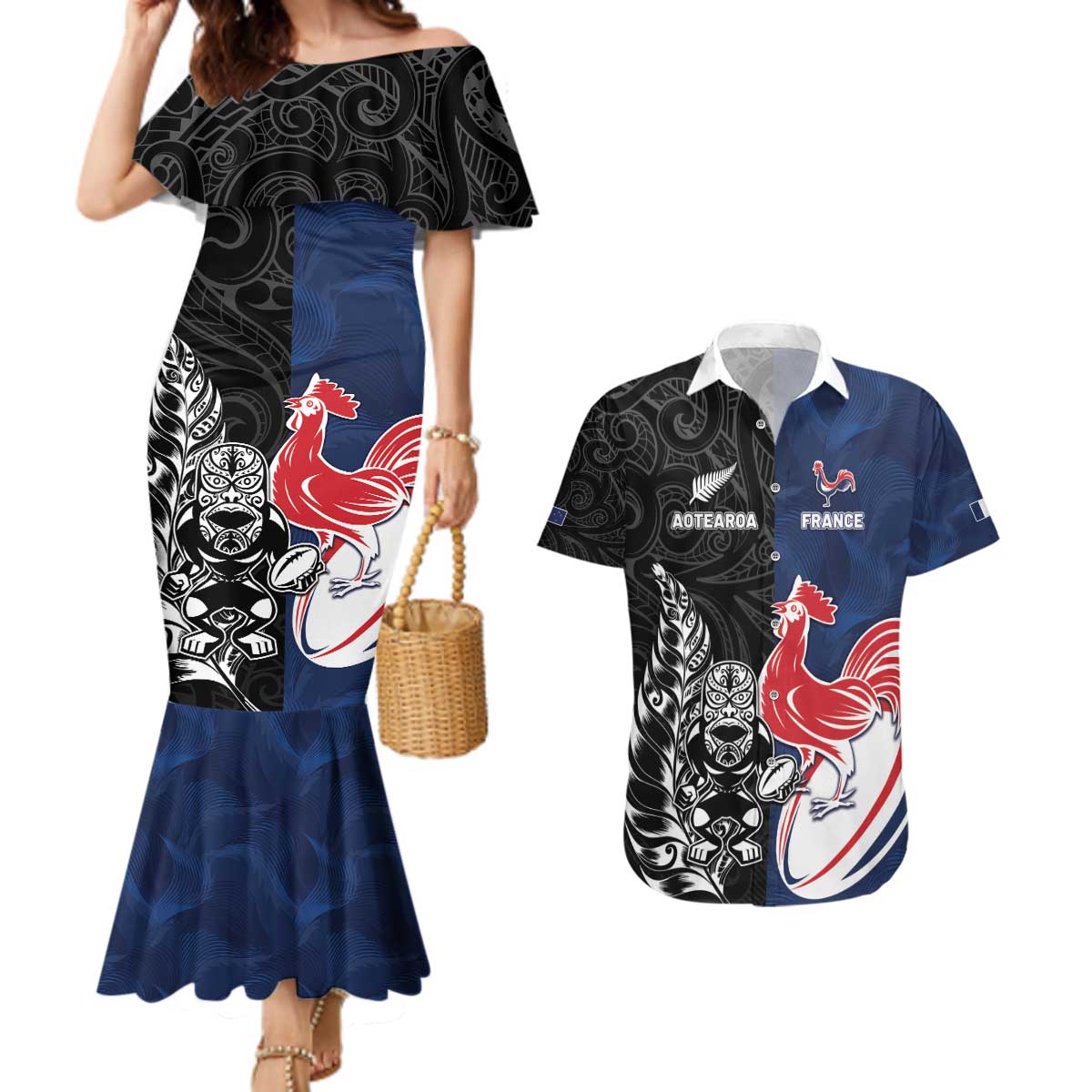 France And New Zealand Rugby Custom Couples Matching Mermaid Dress and Hawaiian Shirt Les Bleus Rooster With Maori Tiki - Polynesian Pride