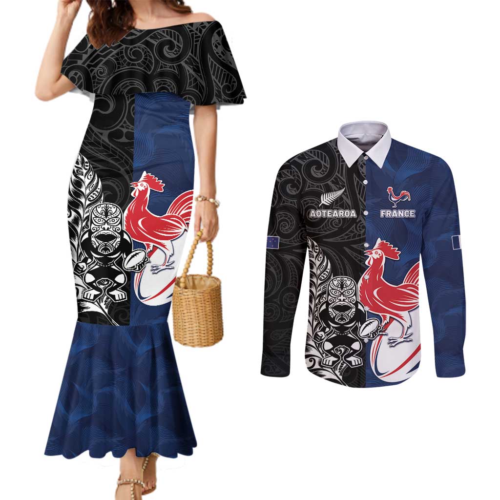 France And New Zealand Rugby Custom Couples Matching Mermaid Dress and Long Sleeve Button Shirt Les Bleus Rooster With Maori Tiki - Polynesian Pride
