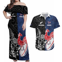 France And New Zealand Rugby Custom Couples Matching Off Shoulder Maxi Dress and Hawaiian Shirt Les Bleus Rooster With Maori Tiki - Polynesian Pride
