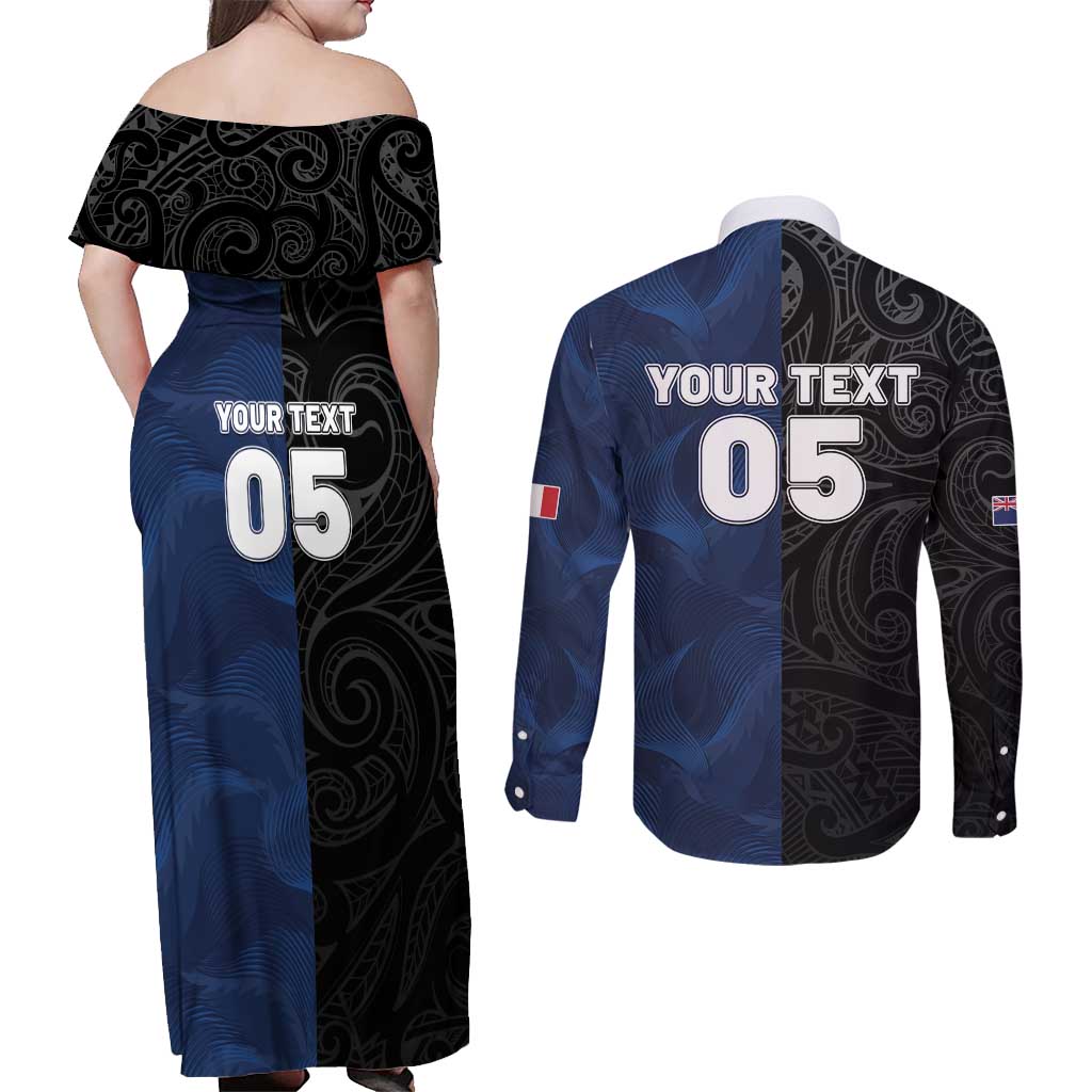 France And New Zealand Rugby Custom Couples Matching Off Shoulder Maxi Dress and Long Sleeve Button Shirt Les Bleus Rooster With Maori Tiki - Polynesian Pride