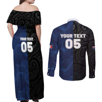 France And New Zealand Rugby Custom Couples Matching Off Shoulder Maxi Dress and Long Sleeve Button Shirt Les Bleus Rooster With Maori Tiki - Polynesian Pride