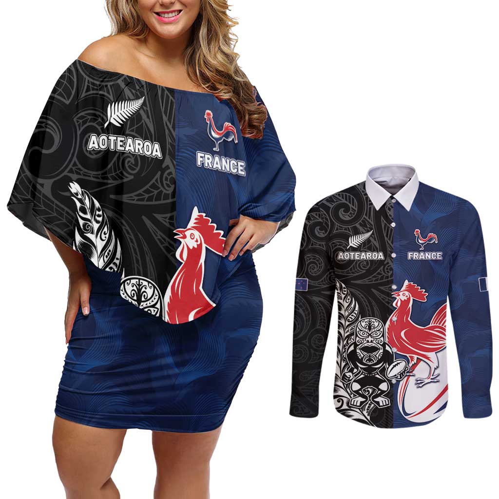 France And New Zealand Rugby Custom Couples Matching Off Shoulder Short Dress and Long Sleeve Button Shirt Les Bleus Rooster With Maori Tiki - Polynesian Pride