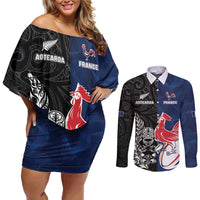France And New Zealand Rugby Custom Couples Matching Off Shoulder Short Dress and Long Sleeve Button Shirt Les Bleus Rooster With Maori Tiki - Polynesian Pride
