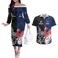 France And New Zealand Rugby Custom Couples Matching Off The Shoulder Long Sleeve Dress and Hawaiian Shirt Les Bleus Rooster With Maori Tiki - Polynesian Pride