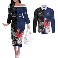 France And New Zealand Rugby Custom Couples Matching Off The Shoulder Long Sleeve Dress and Long Sleeve Button Shirt Les Bleus Rooster With Maori Tiki - Polynesian Pride