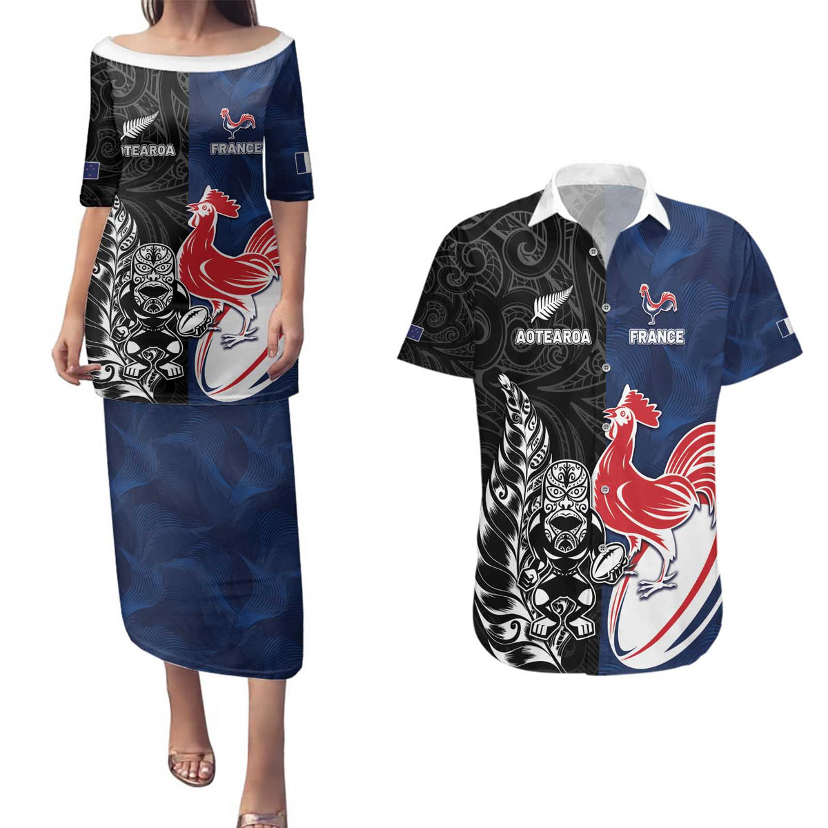 France And New Zealand Rugby Custom Couples Matching Puletasi and Hawaiian Shirt Les Bleus Rooster With Maori Tiki - Polynesian Pride