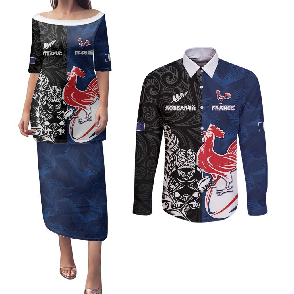 France And New Zealand Rugby Custom Couples Matching Puletasi and Long Sleeve Button Shirt Les Bleus Rooster With Maori Tiki - Polynesian Pride