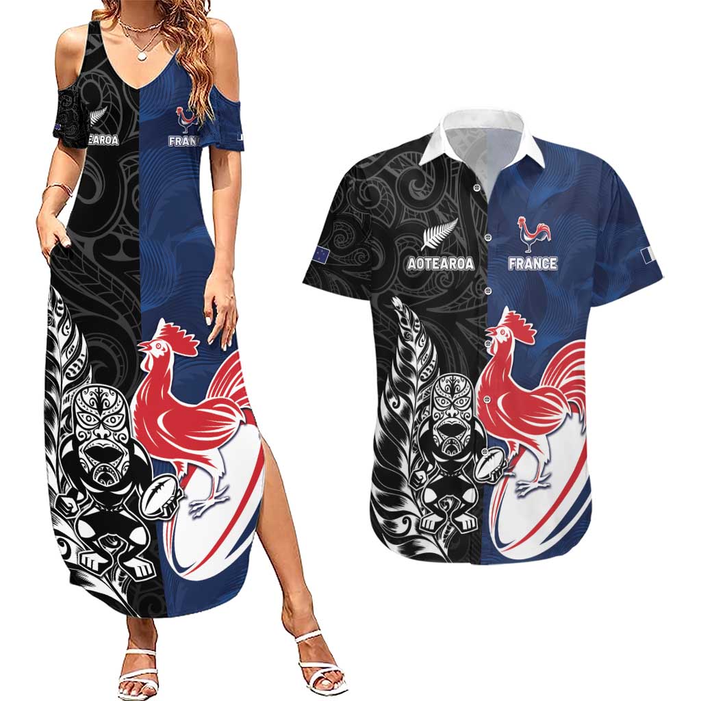 France And New Zealand Rugby Custom Couples Matching Summer Maxi Dress and Hawaiian Shirt Les Bleus Rooster With Maori Tiki - Polynesian Pride
