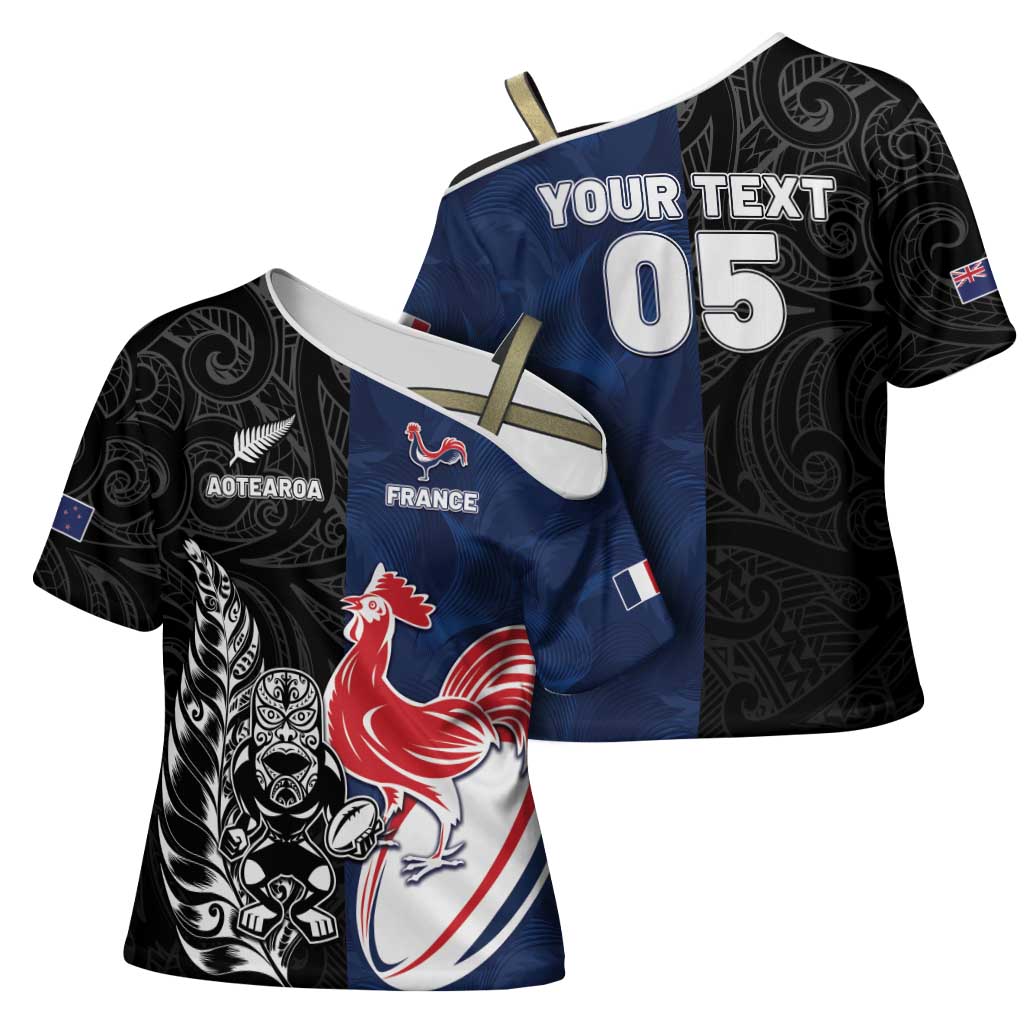 France And New Zealand Rugby Custom Cross Shoulder Shirt Les Bleus Rooster With Maori Tiki - Polynesian Pride