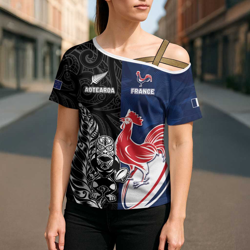 France And New Zealand Rugby Custom Cross Shoulder Shirt Les Bleus Rooster With Maori Tiki - Polynesian Pride