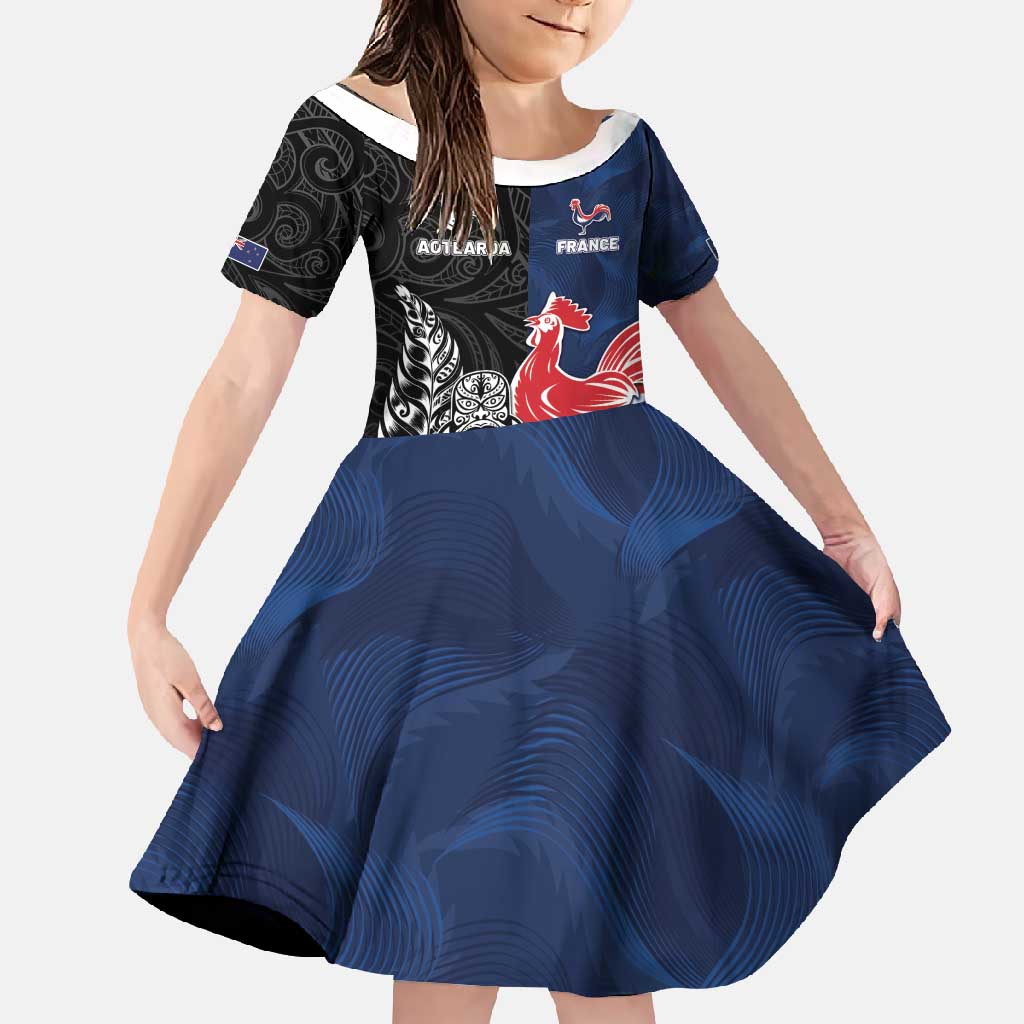 France And New Zealand Rugby Custom Family Matching Long Sleeve Bodycon Dress and Hawaiian Shirt Les Bleus Rooster With Maori Tiki - Polynesian Pride
