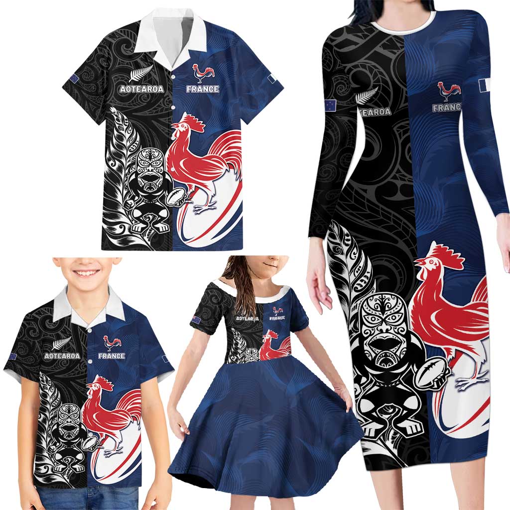France And New Zealand Rugby Custom Family Matching Long Sleeve Bodycon Dress and Hawaiian Shirt Les Bleus Rooster With Maori Tiki - Polynesian Pride