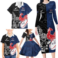 France And New Zealand Rugby Custom Family Matching Long Sleeve Bodycon Dress and Hawaiian Shirt Les Bleus Rooster With Maori Tiki - Polynesian Pride