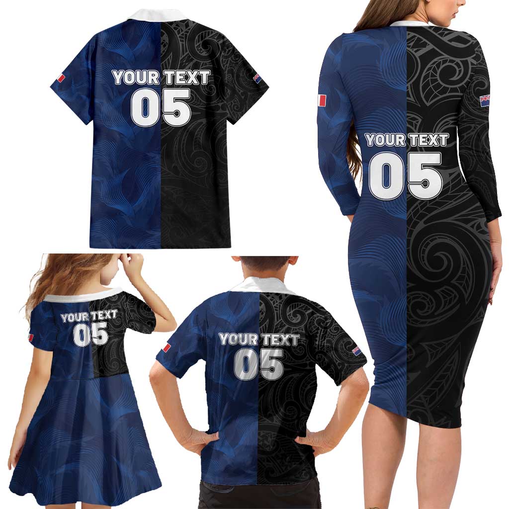 France And New Zealand Rugby Custom Family Matching Long Sleeve Bodycon Dress and Hawaiian Shirt Les Bleus Rooster With Maori Tiki - Polynesian Pride