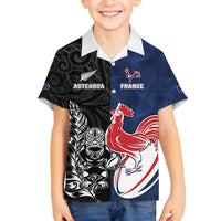 France And New Zealand Rugby Custom Family Matching Long Sleeve Bodycon Dress and Hawaiian Shirt Les Bleus Rooster With Maori Tiki - Polynesian Pride