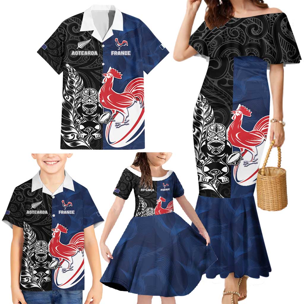 France And New Zealand Rugby Custom Family Matching Mermaid Dress and Hawaiian Shirt Les Bleus Rooster With Maori Tiki - Polynesian Pride
