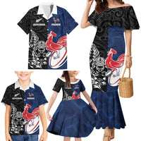 France And New Zealand Rugby Custom Family Matching Mermaid Dress and Hawaiian Shirt Les Bleus Rooster With Maori Tiki - Polynesian Pride