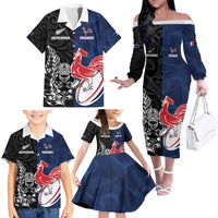 France And New Zealand Rugby Custom Family Matching Off The Shoulder Long Sleeve Dress and Hawaiian Shirt Les Bleus Rooster With Maori Tiki - Polynesian Pride