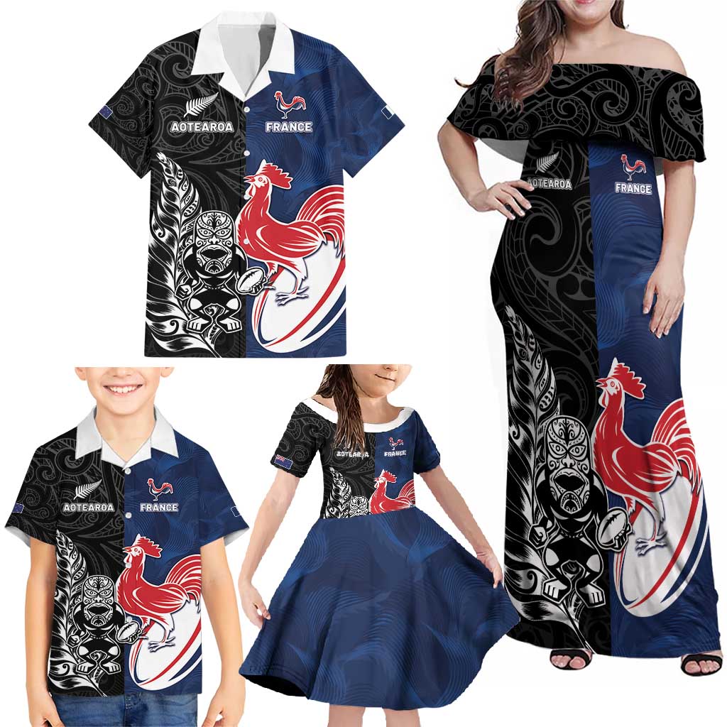 France And New Zealand Rugby Custom Family Matching Off Shoulder Maxi Dress and Hawaiian Shirt Les Bleus Rooster With Maori Tiki - Polynesian Pride