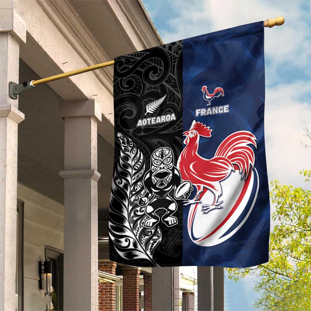 France And New Zealand Rugby Garden Flag Les Bleus Rooster With Maori Tiki - Polynesian Pride