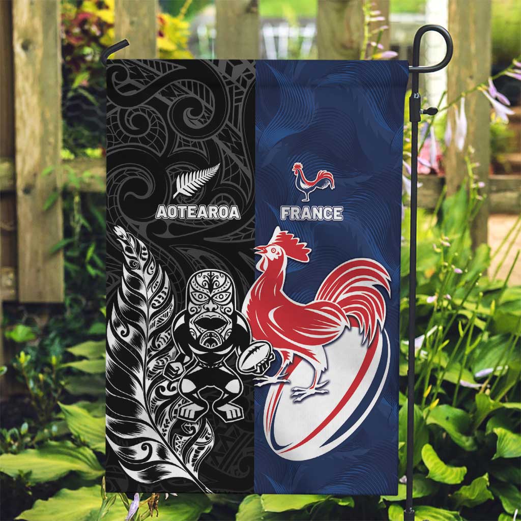France And New Zealand Rugby Garden Flag Les Bleus Rooster With Maori Tiki - Polynesian Pride
