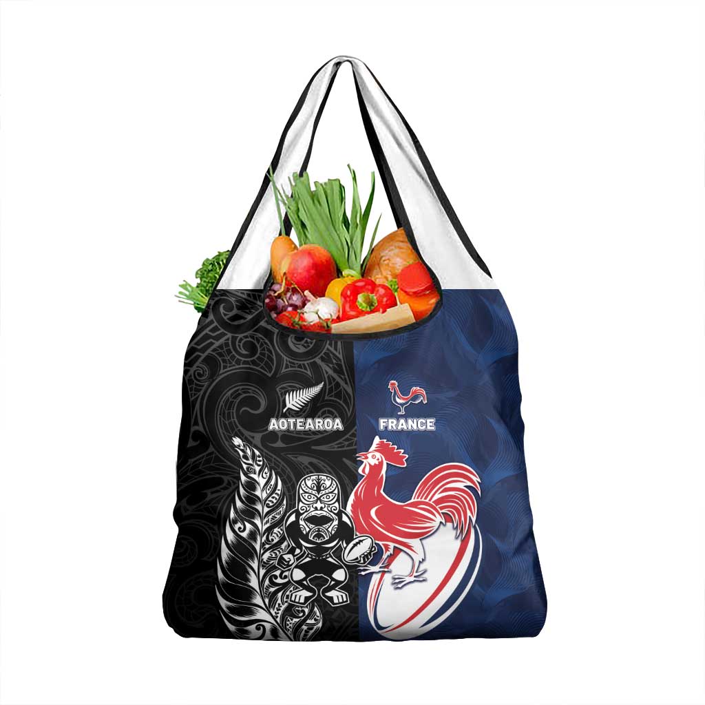 France And New Zealand Rugby Grocery Bag Les Bleus Rooster With Maori Tiki - Polynesian Pride