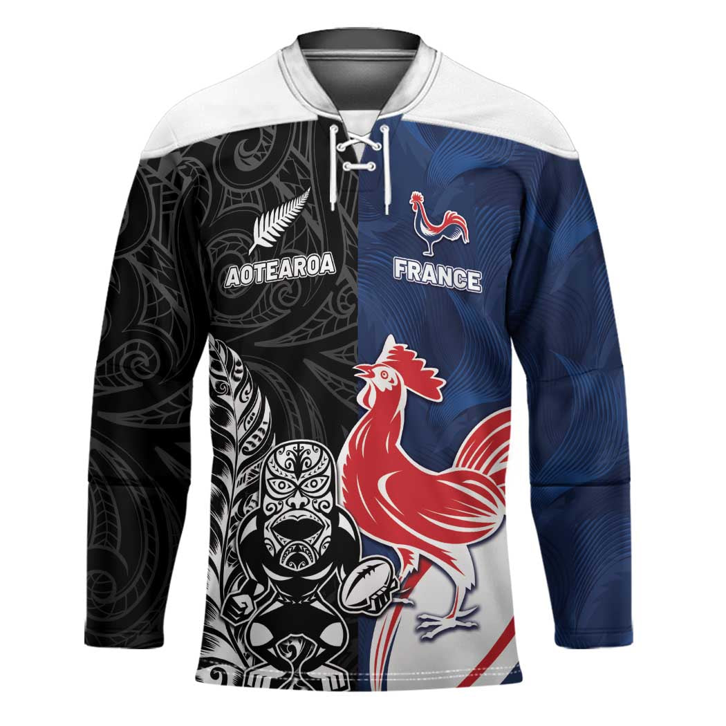 France And New Zealand Rugby Custom Hockey Jersey Les Bleus Rooster With Maori Tiki - Polynesian Pride